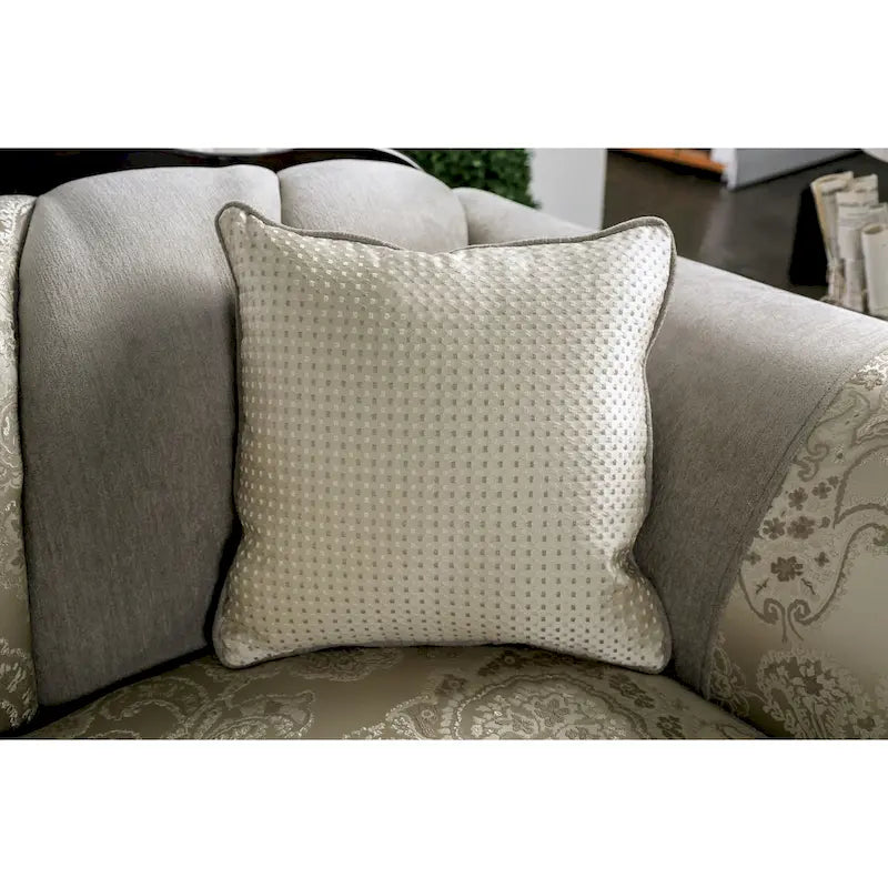 Traditional Chenille Sofa with Ornate Wood Trim
