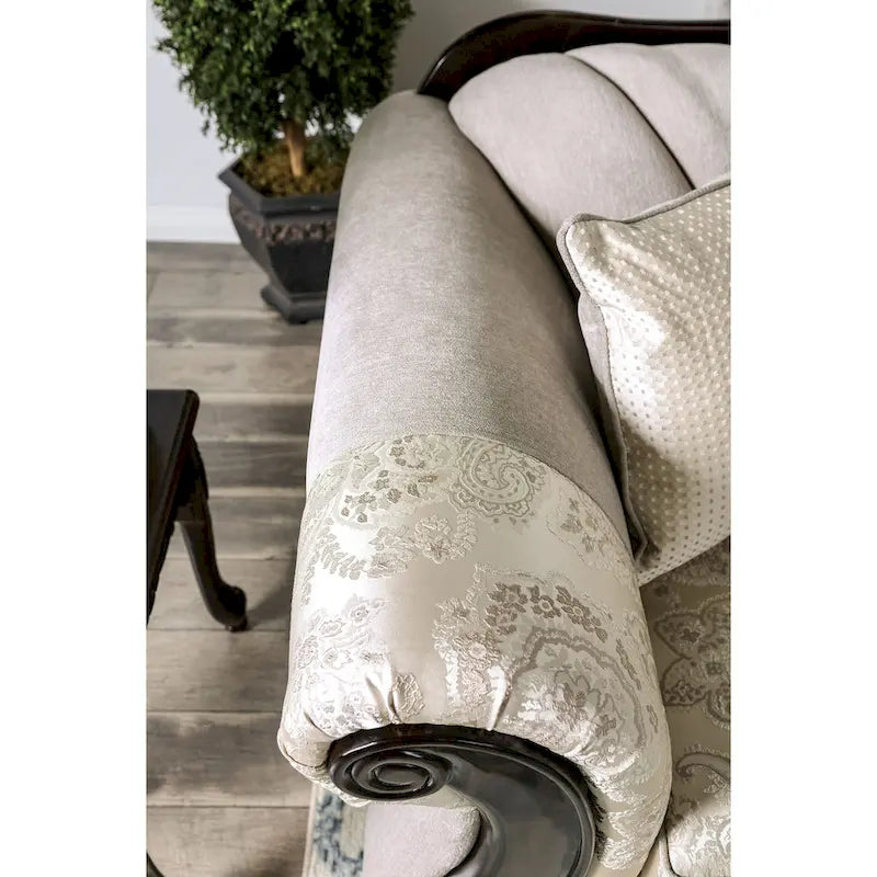 Traditional Chenille Sofa with Ornate Wood Trim