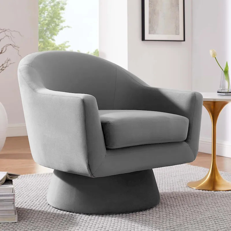 Performance Velvet and Wood Swivel Chair