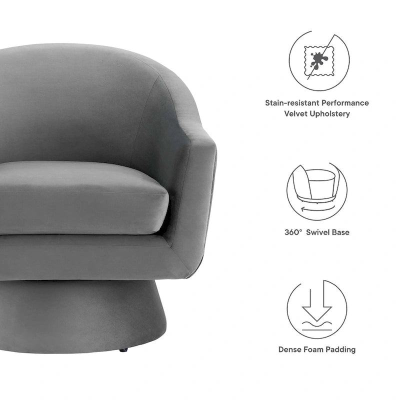 Performance Velvet and Wood Swivel Chair