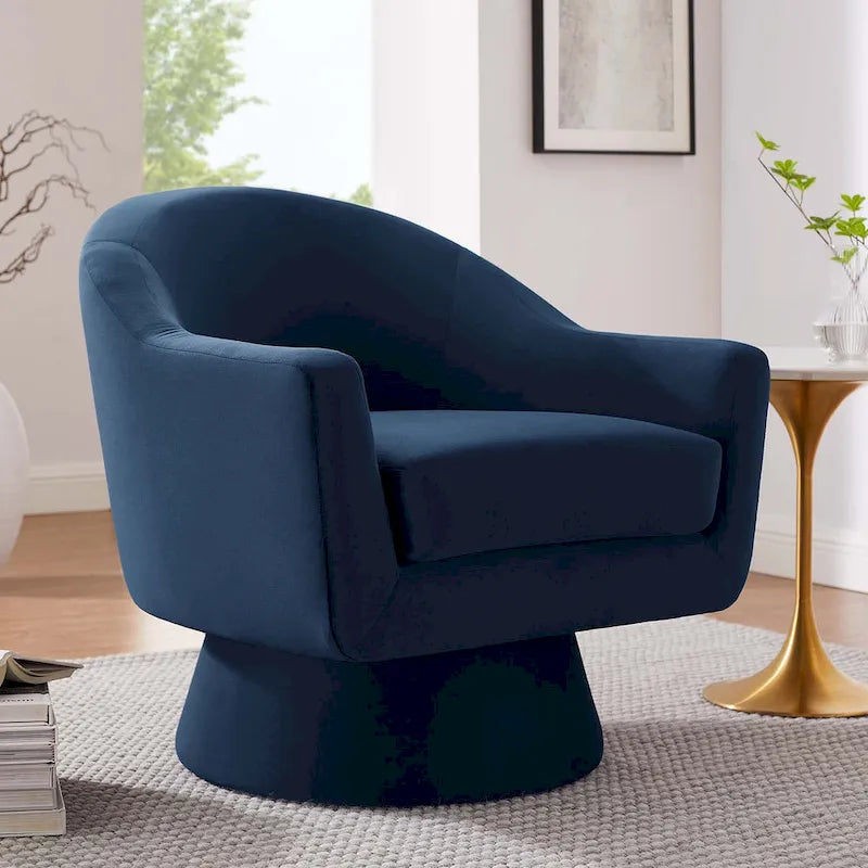 Performance Velvet and Wood Swivel Chair