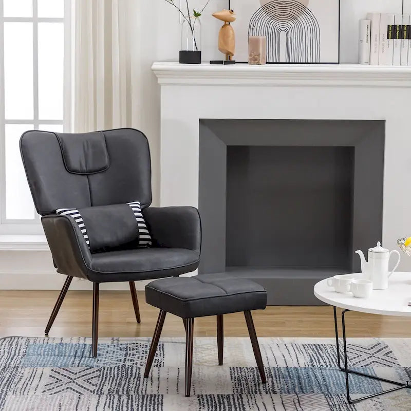 Faux Leather Wingback Chair with Ottoman