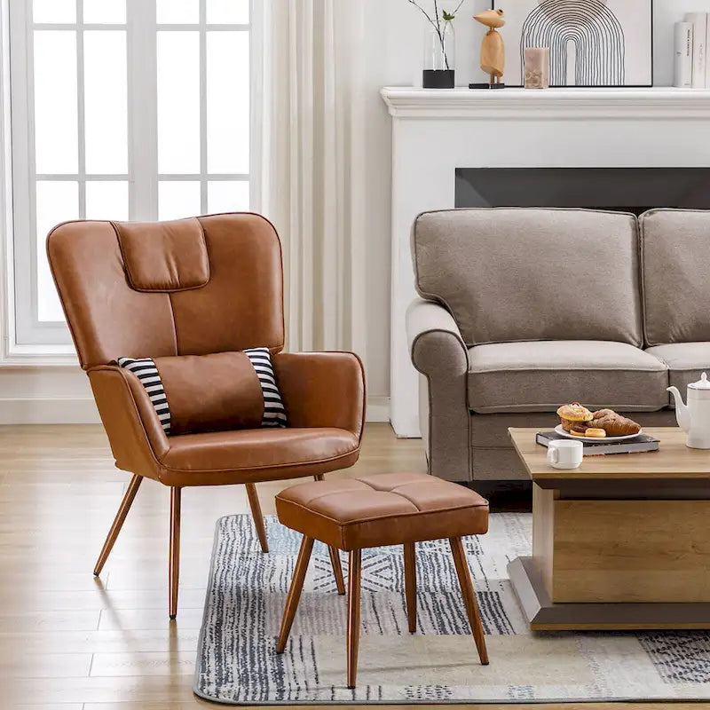 Faux Leather Wingback Chair with Ottoman