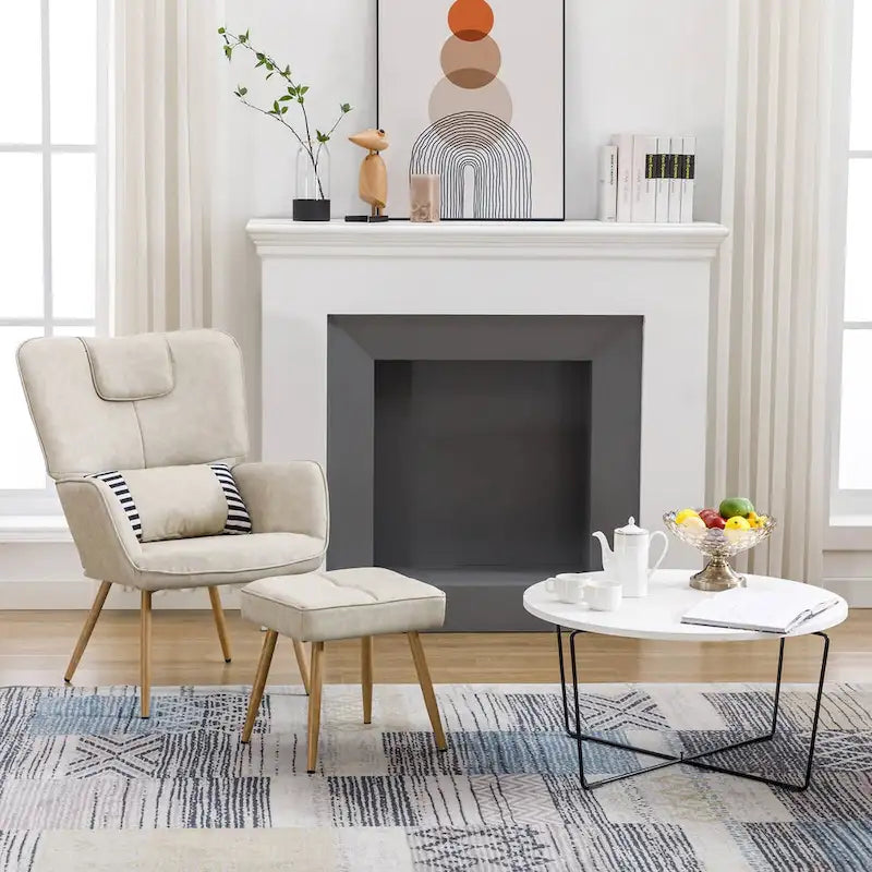 Faux Leather Wingback Chair with Ottoman