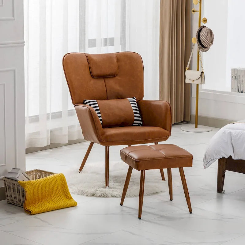 Faux Leather Wingback Chair with Ottoman