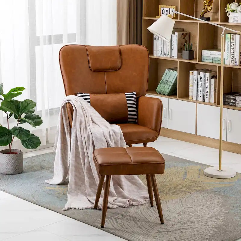 Faux Leather Wingback Chair with Ottoman