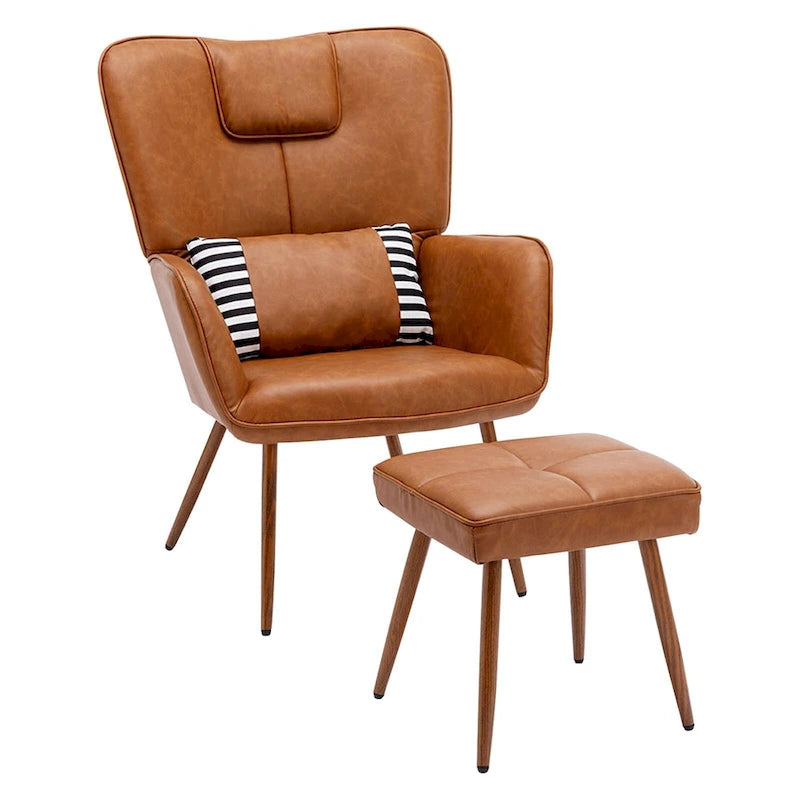 Faux Leather Wingback Chair with Ottoman