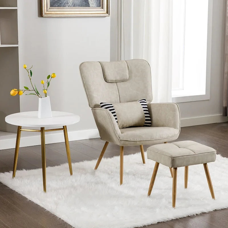 Faux Leather Wingback Chair with Ottoman