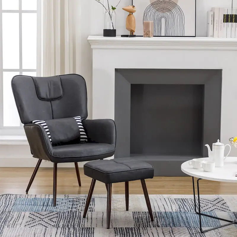 Faux Leather Wingback Chair with Ottoman
