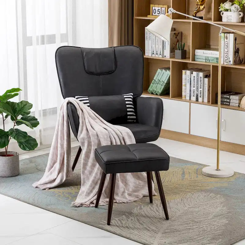 Faux Leather Wingback Chair with Ottoman