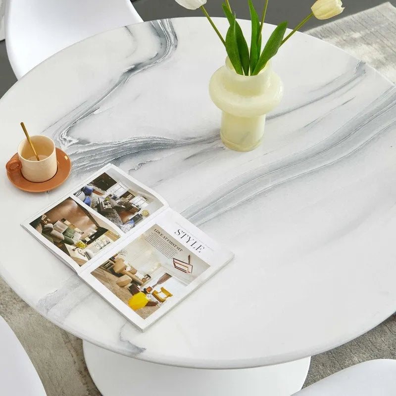 42.1-Inch Round Marble-Pattern Dining Table for 4–6 People