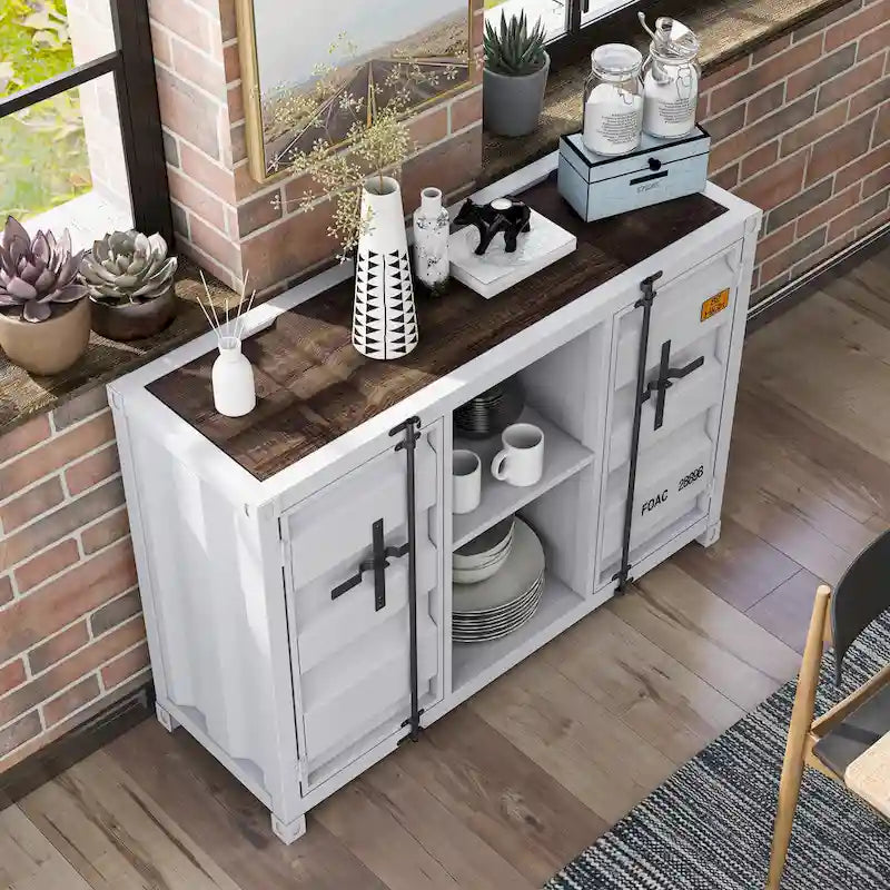 Industrial Steel Console Table with Shelves and Cabinets