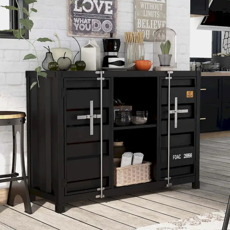 Industrial Steel Console Table with Shelves and Cabinets