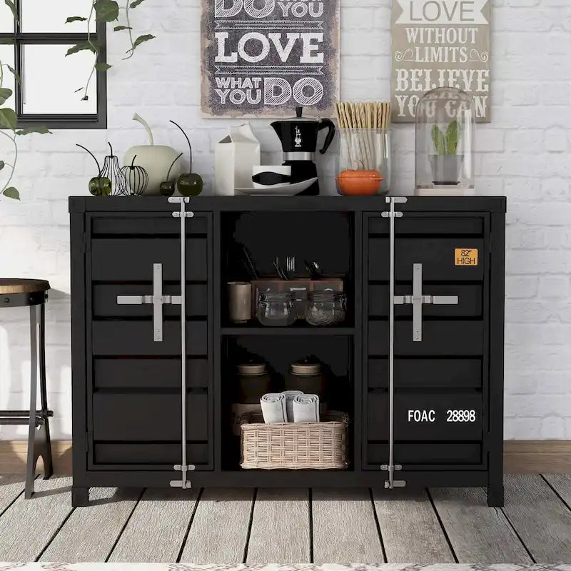 Industrial Steel Console Table with Shelves and Cabinets