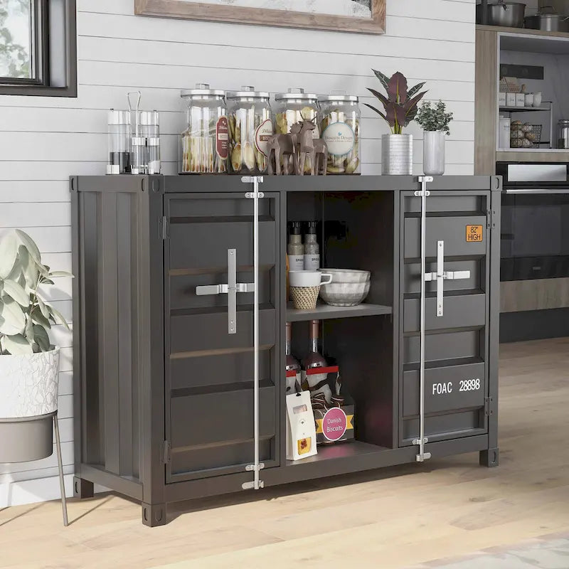 Industrial Steel Console Table with Shelves and Cabinets