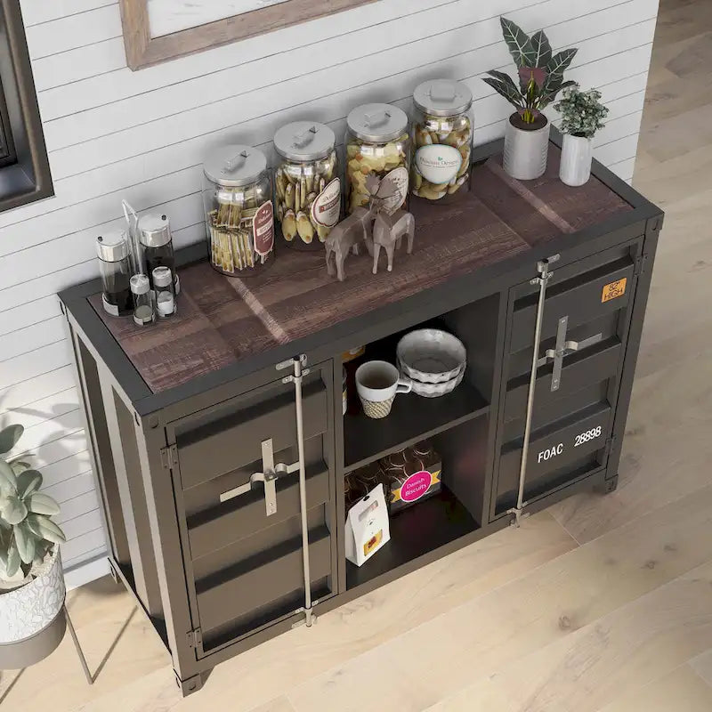 Industrial Steel Console Table with Shelves and Cabinets