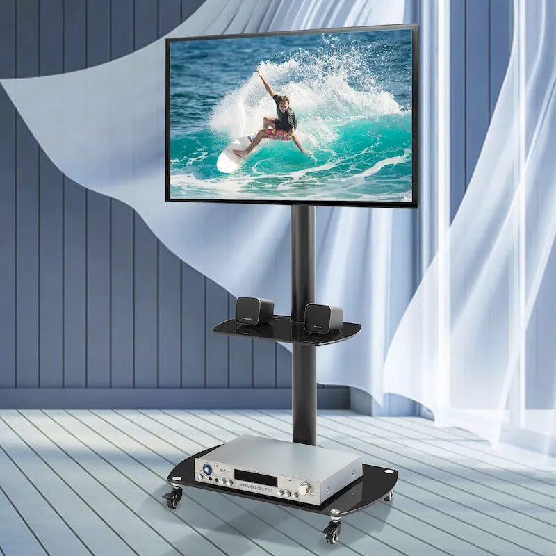 Adjustable Tempered Glass Metal Frame With Lockable Wheels Mobile TV Stand