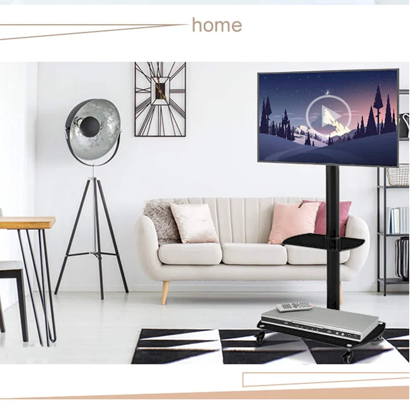 Adjustable Mobile TV Stand with Glass Shelves and Lockable Wheels