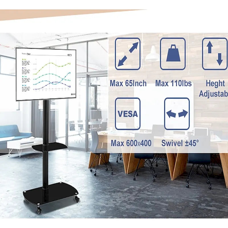 Adjustable Mobile TV Stand with Glass Shelves and Lockable Wheels
