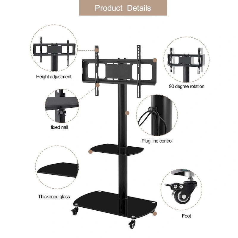 Adjustable Mobile TV Stand with Glass Shelves and Lockable Wheels