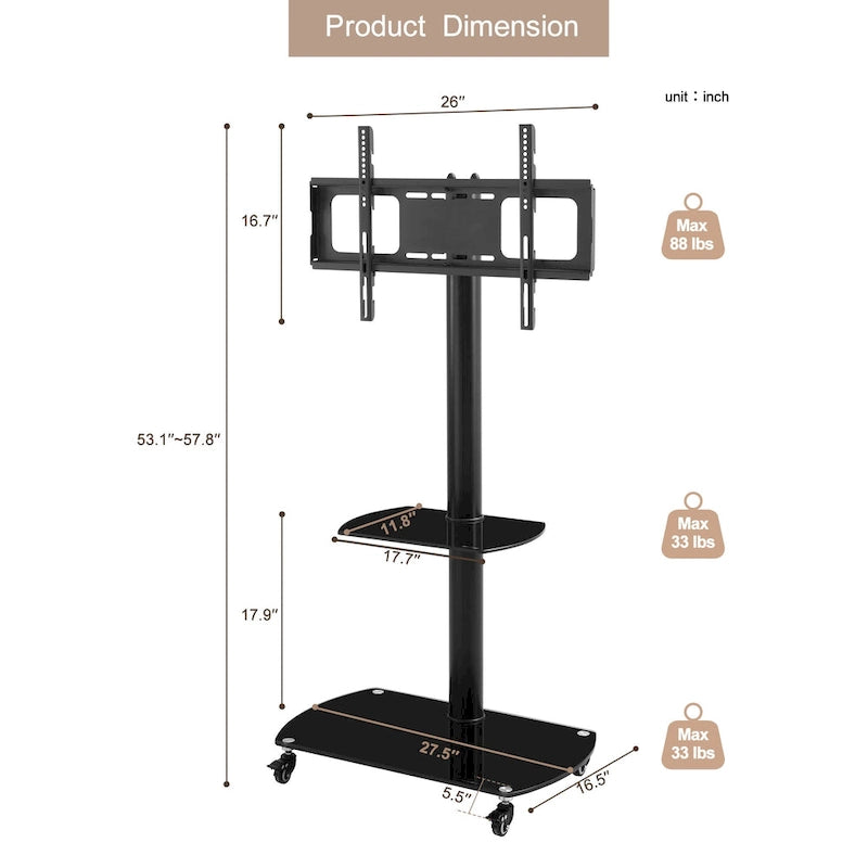 Adjustable Mobile TV Stand with Glass Shelves and Lockable Wheels