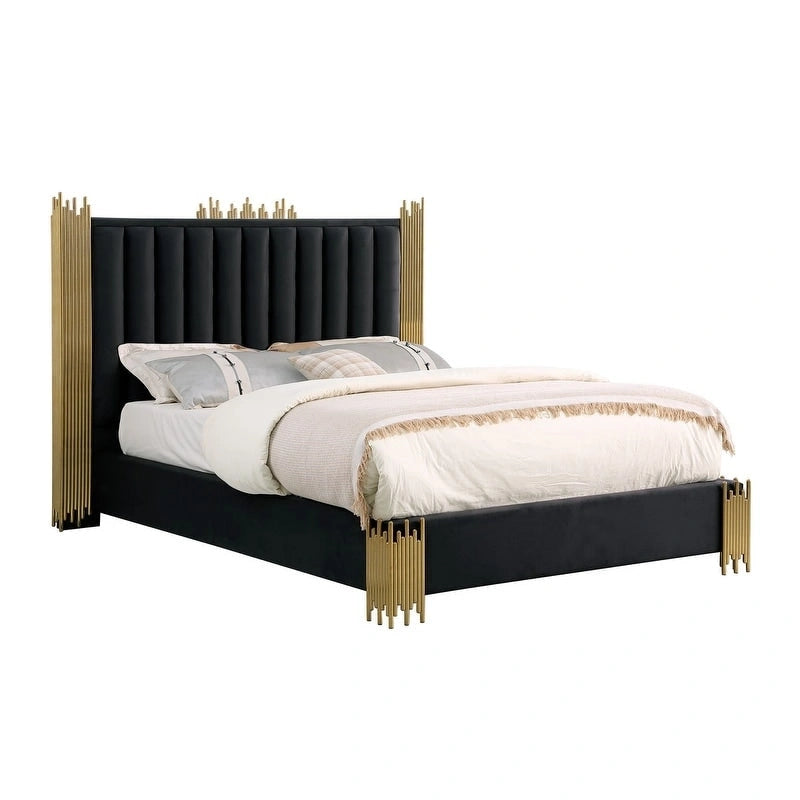 Velvet Platform Bed with Stainless Steel Accents