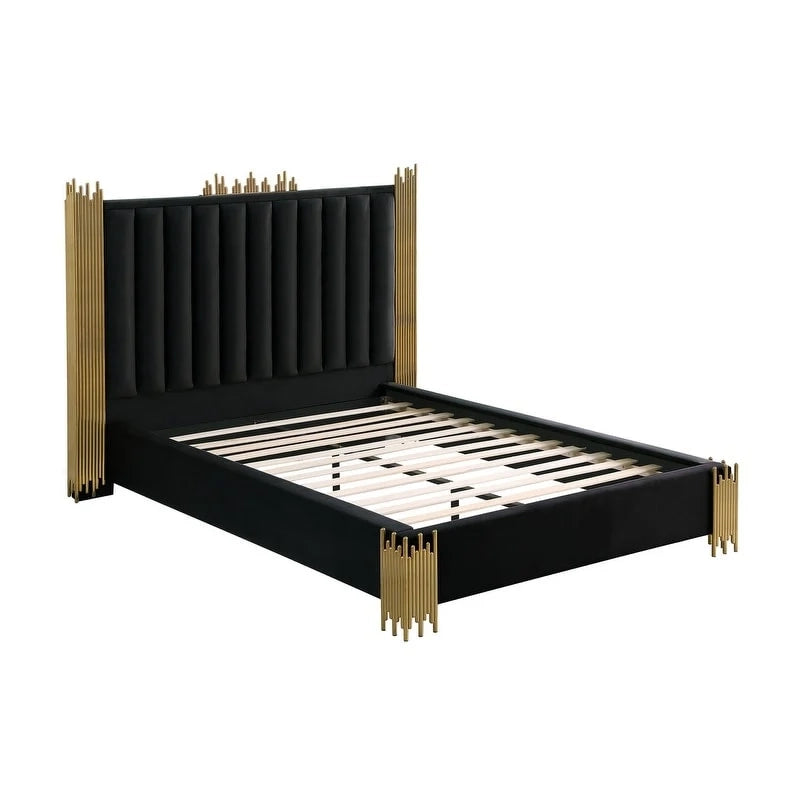 Velvet Platform Bed with Stainless Steel Accents