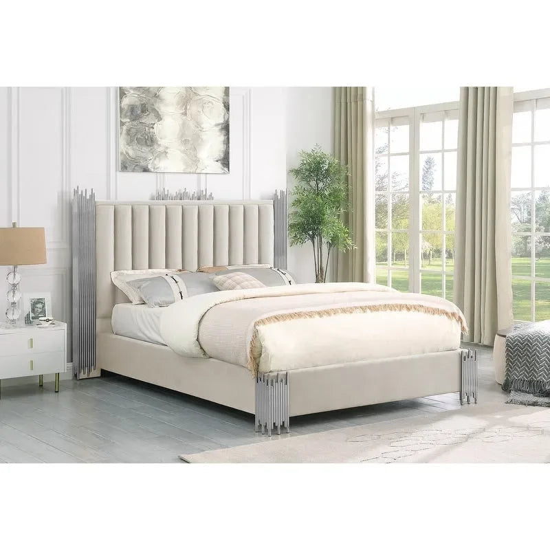 Velvet Platform Bed with Stainless Steel Accents