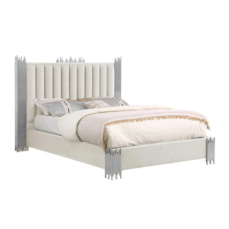 Velvet Platform Bed with Stainless Steel Accents