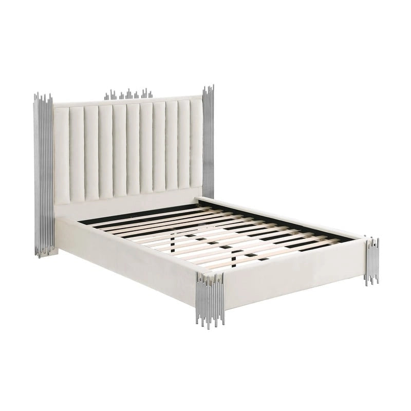 Velvet Platform Bed with Stainless Steel Accents