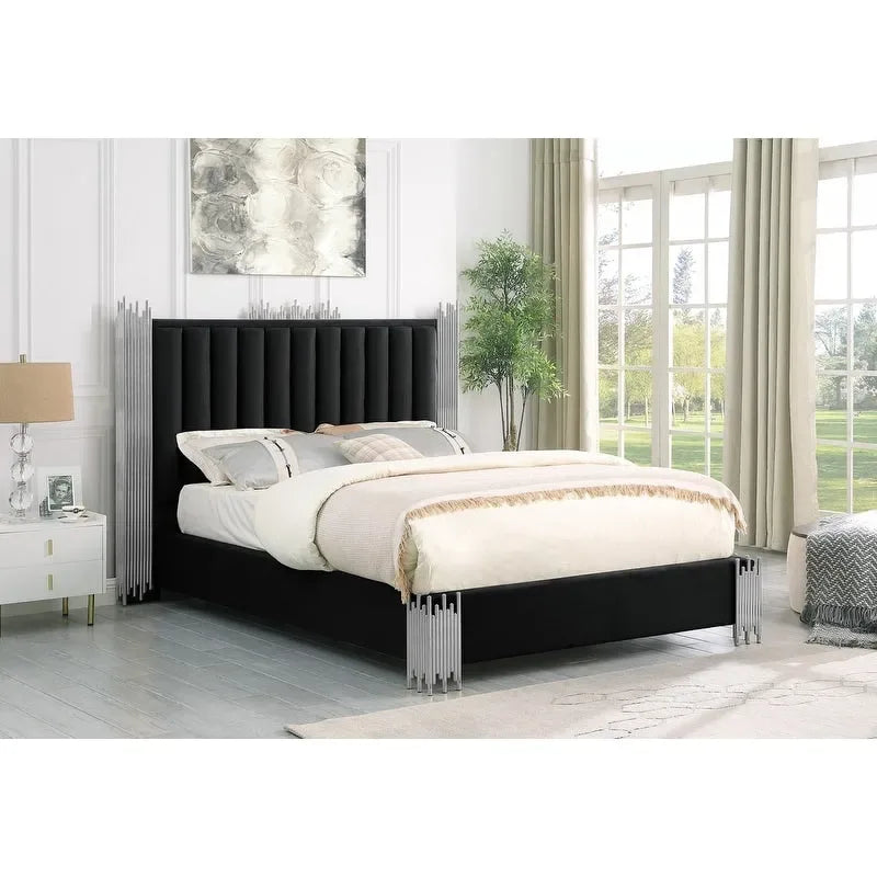 Velvet Platform Bed with Stainless Steel Accents