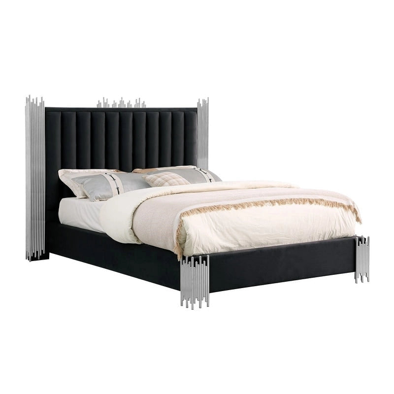 Velvet Platform Bed with Stainless Steel Accents