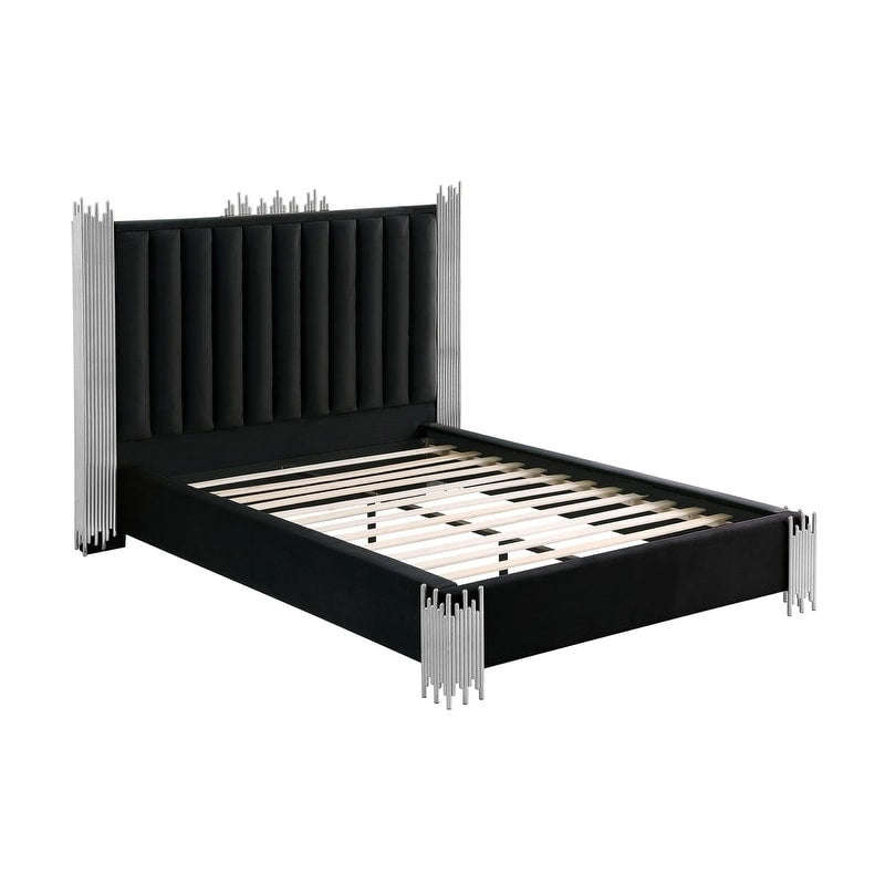 Velvet Platform Bed with Stainless Steel Accents