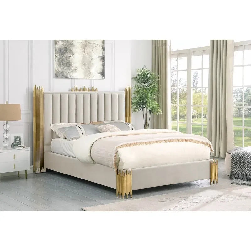 Velvet Platform Bed with Stainless Steel Accents