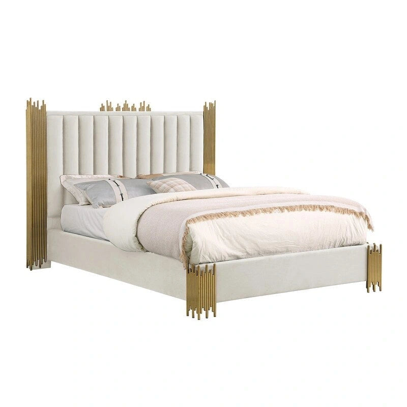 Velvet Platform Bed with Stainless Steel Accents