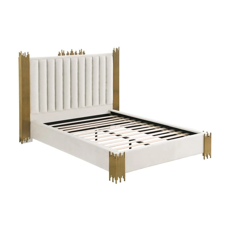 Velvet Platform Bed with Stainless Steel Accents
