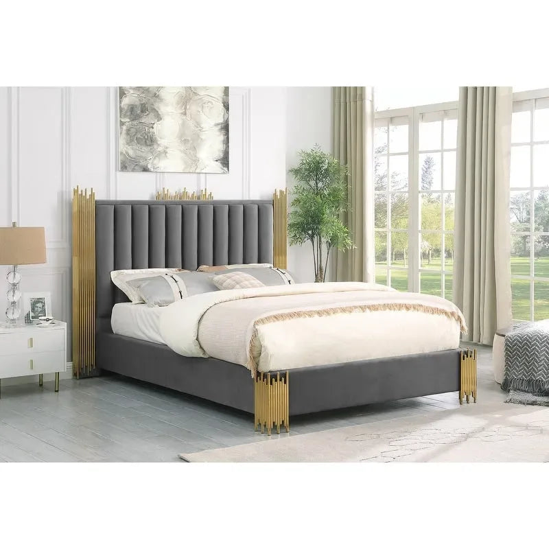 Velvet Platform Bed with Stainless Steel Accents