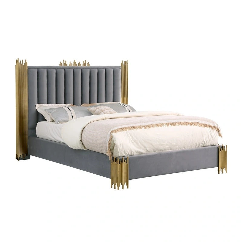 Velvet Platform Bed with Stainless Steel Accents