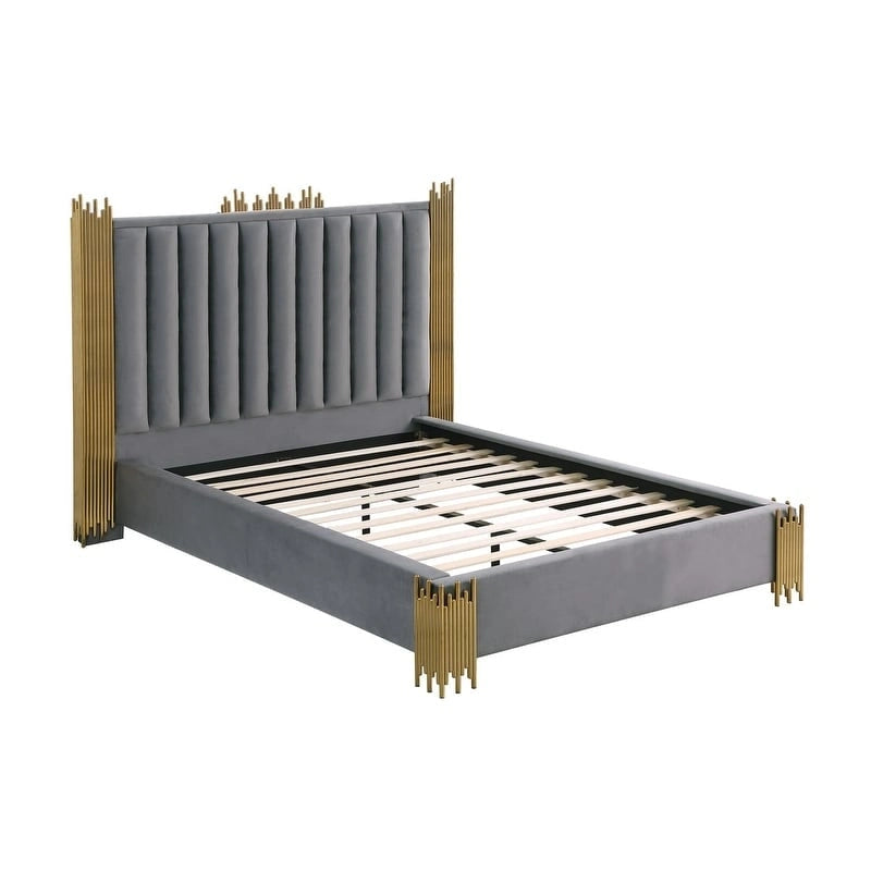 Velvet Platform Bed with Stainless Steel Accents