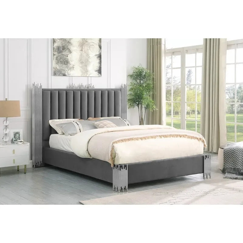 Velvet Platform Bed with Stainless Steel Accents
