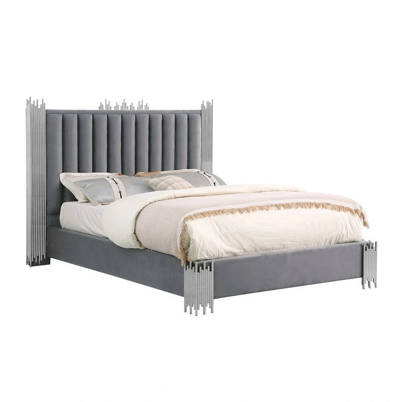 Velvet Platform Bed with Stainless Steel Accents