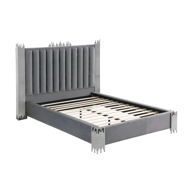 Velvet Platform Bed with Stainless Steel Accents