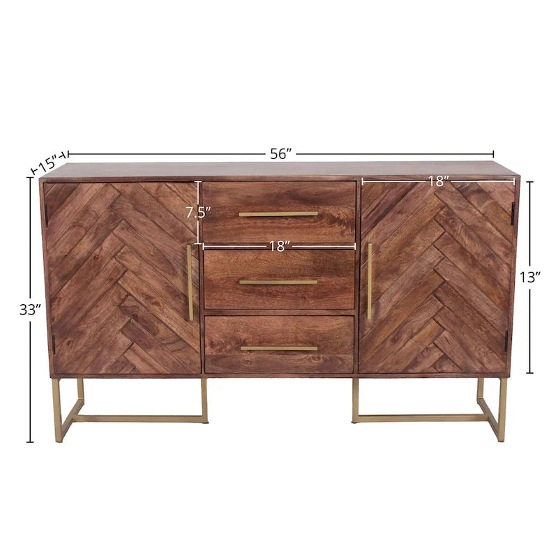 2-Door 3-Drawer Herringbone Wood Cabinet