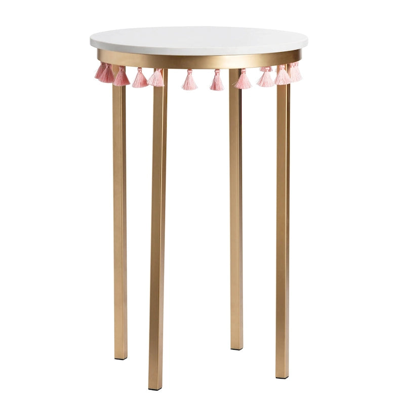 White Marble Top Accent Table with Pink Tassels - 16 x 16 x 24