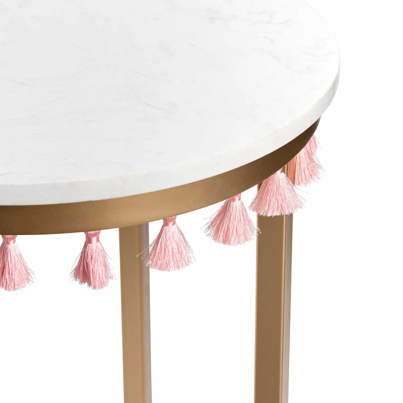 White Marble Top Accent Table with Pink Tassels - 16 x 16 x 24