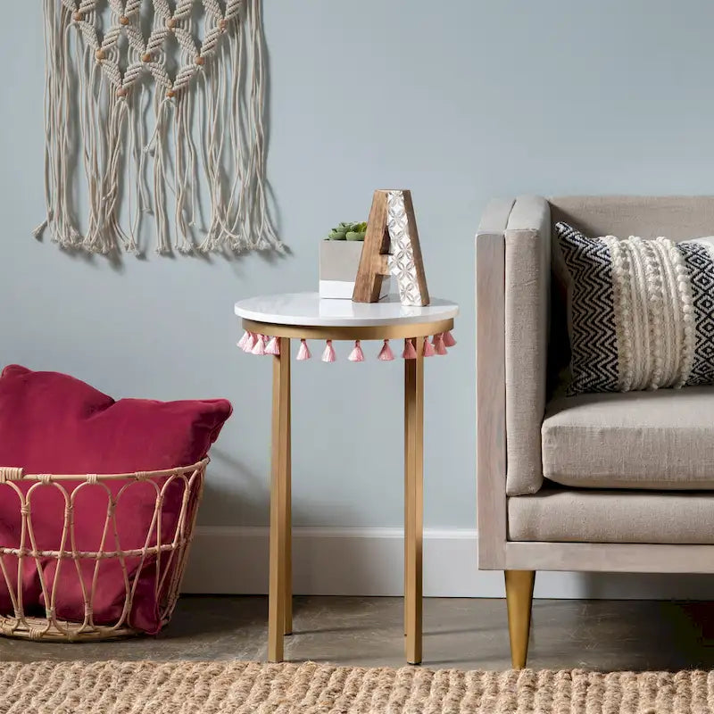 White Marble Top Accent Table with Pink Tassels - 16 x 16 x 24