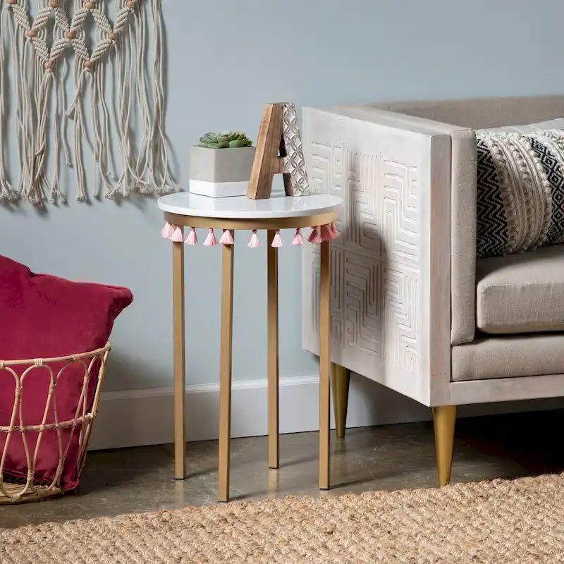 White Marble Top Accent Table with Pink Tassels - 16 x 16 x 24
