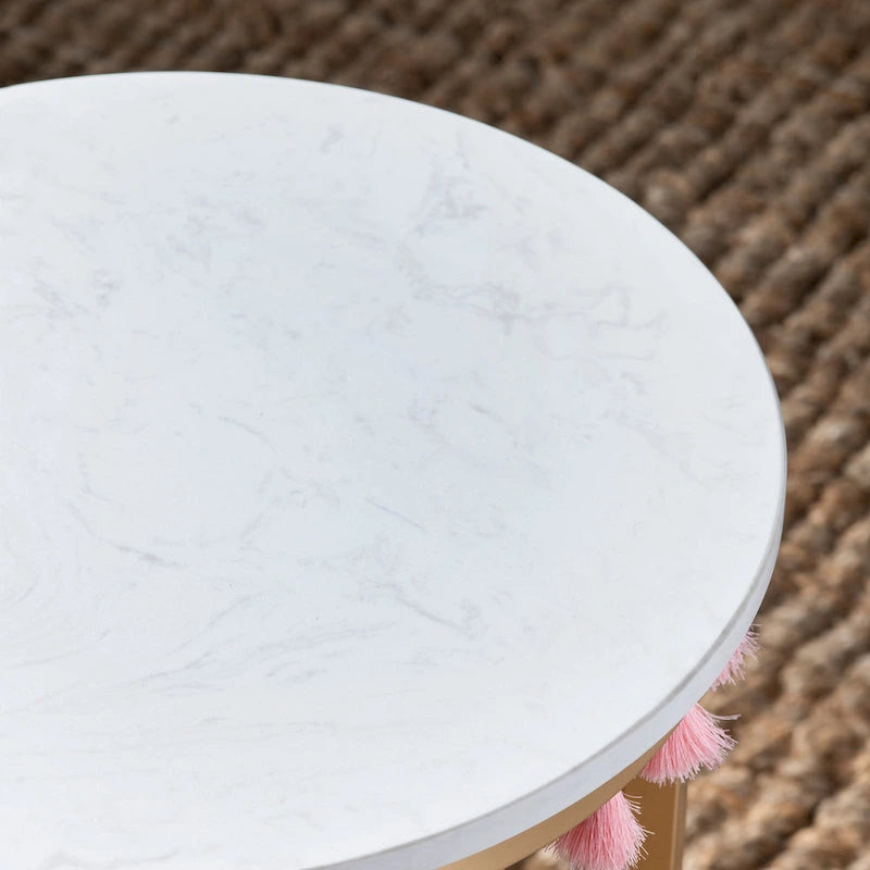 White Marble Top Accent Table with Pink Tassels - 16 x 16 x 24