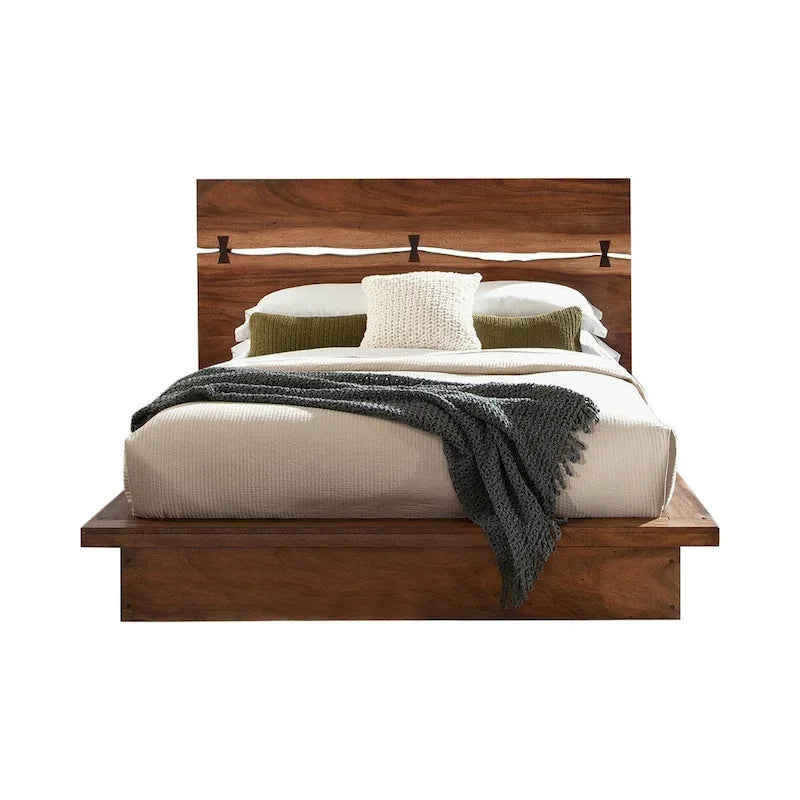 Zeko Queen Size Platform Plinth Bed with Natural Edge, Walnut Brown Wood