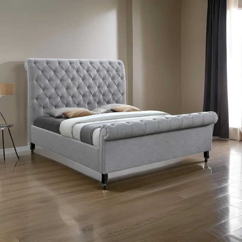 Magnolia Queen Size Bed, Tufted Upholstered Rolled Top Headboard, Gray
